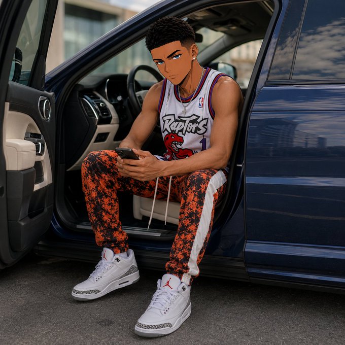 An anime-style character in a white Raptors #1 basketball jersey and orange-and-black patterned sweatpants sits in the open doorway of a dark blue vehicle, looking at a phone while wearing white sneakers.
