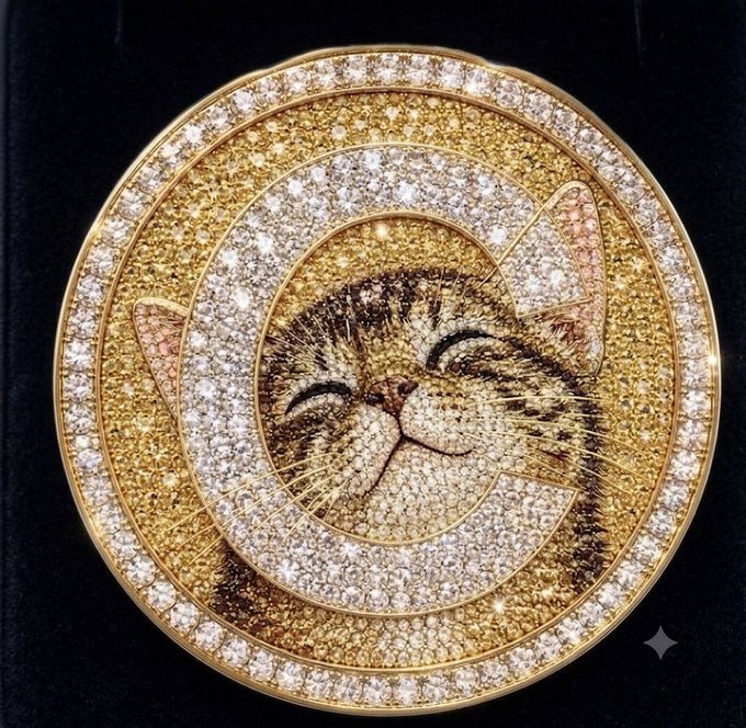 A luxurious circular medallion-style coin featuring an intricately gem-encrusted cat's face surrounded by sparkling diamonds and gold-toned stones, likely a high-end crypto token design. The image ties into the post by symbolizing the $CATE cryptocurrency community, while the cat's serene, closed-eye expression contrasts with the post's frustration over scammers draining holders' wallets and suppressing the project's market cap.