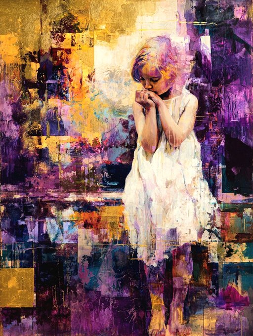 A contemplative girl in a flowing white dress stands with her hands clasped near her face against an abstract, colorful background of vibrant purples, golds, and dark hues. The artistic, emotive piece reflects themes of gratitude and reflection, fitting the artist's heartfelt thank-you message to a collector on a Monday morning.