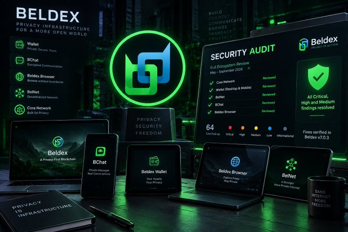 A promotional graphic for 'BELDEX' showcasing their privacy infrastructure products including Wallet, BChat, Browser, and BelNet, alongside a 'SECURITY AUDIT' panel showing all critical, high, and medium findings resolved.