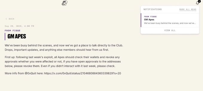 A screenshot of a message from FIGGE dated September 29, 2026 about 'GM Apes' announces a new direct communication channel, advising members to check wallets and revoke approvals, with a notifications panel showing the same message.