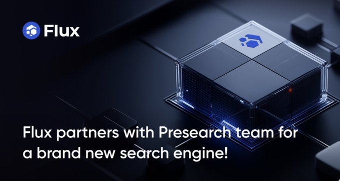 A promotional graphic for Flux stating 'Flux partners with Presearch team for a brand new search engine!' featuring a 3D rendering of a data center cube.