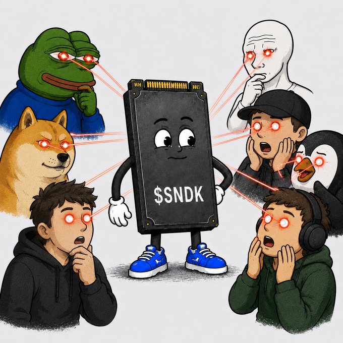 The image shows an anthropomorphized computer chip labeled "$SNDK" with glowing red laser eyes, surrounded by a circle of various internet meme characters (including Pepe the Frog, Doge, and a penguin) who also have glowing red eyes, all appearing to stare intently at the chip in a mix of shock and fascination.

The illustration visually represents the post's theme of growing attention and scrutiny on $SNDK (SanDisk), with the meme characters' intense, laser-eyed gazes symbolizing the market's fixation on the stock as AI demand disrupts traditional memory chip investing assumptions.