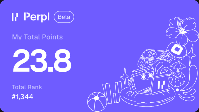A purple loyalty card interface for Perpl Beta displaying 23.8 total points and a rank of #1,344, featuring white line-art illustrations of various rewards.