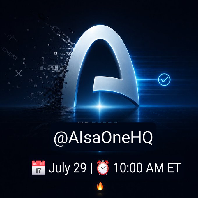 A futuristic digital promotional graphic featuring a stylized 3D letter "A" with glowing blue accents, announcing an AMA with @AlsaOneHQ on July 29 at 10:00 AM ET, highlighting their AI-driven platform integrating AI agents, APIs, and USDC payments for autonomous AI transactions.