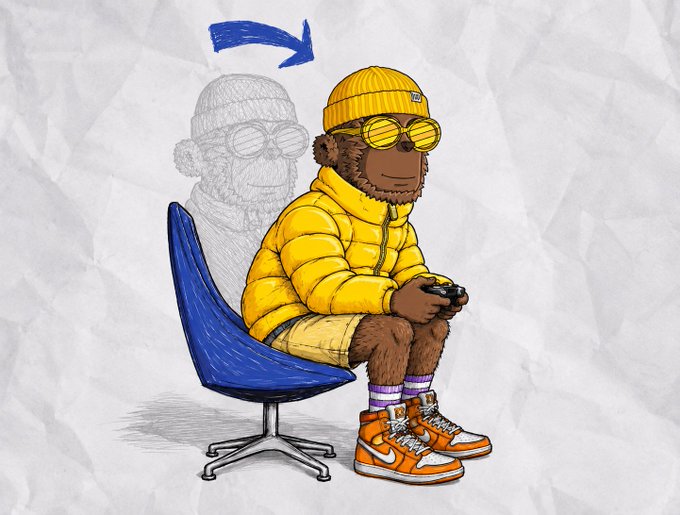 A colorful digital illustration depicts an anthropomorphic monkey wearing a yellow beanie, sunglasses, a yellow puffer jacket, and Nike sneakers, sitting in a blue chair holding a game controller.