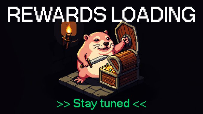 The image features a cartoon character, possibly a hamster or a bear, holding a sword and standing next to an open chest filled with gold coins. The text "REWARDS LOADING" is displayed above the chest, indicating that there are rewards available for those who participate in the game. The post also mentions "FUTURES BONUS VOUCHERS AND REWARDS are up for grabs." and "Stay tuned". This suggests that there might be a special offer or an exciting event related to the rewards in the game.