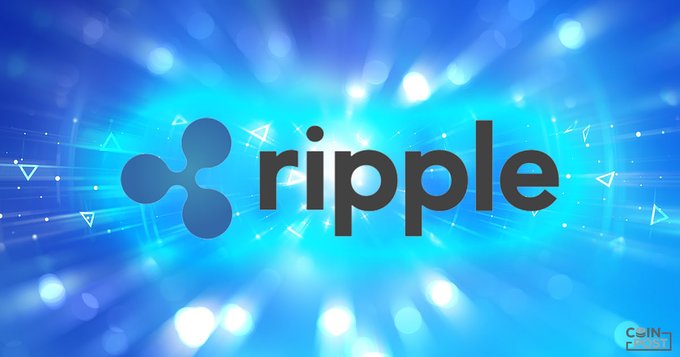 A promotional graphic featuring the Ripple logo (XRP cryptocurrency) on a vibrant blue background with light bursts and triangular shapes.