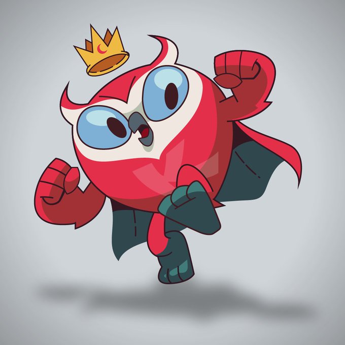 Cartoon illustration of a red owl superhero character wearing a yellow crown and cape, flying with fists raised.