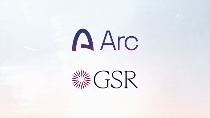 The image displays the logos of "Arc" and "GSR" against a soft sky-blue background, visually representing the partnership highlighted in the post—where GSR joins Arc's mainnet launch as a day-one liquidity provider for StableFX, the institutional stablecoin FX platform.