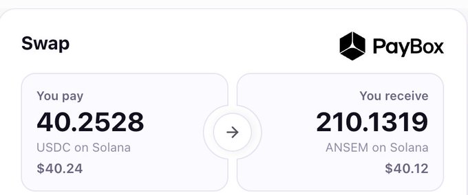 PayBox cryptocurrency swap interface showing a trade of 40.2528 USDC on Solana for 210.1319 ANSEM on Solana, with values at $40.24 and $40.12 respectively.
