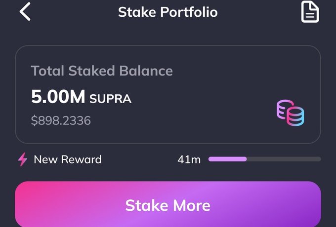 A mobile app screen titled 'Stake Portfolio' showing a Total Staked Balance of '5.00M SUPRA' valued at '$898.2336', with a 'New Reward' indicator at 41m and a pink 'Stake More' button.