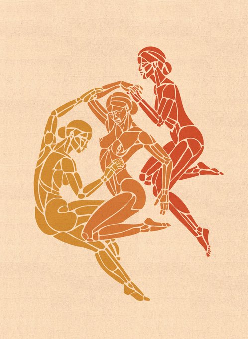 An artistic illustration of three stylized female figures in geometric, segmented forms, rendered in shades of gold, orange, and red against a textured beige background.