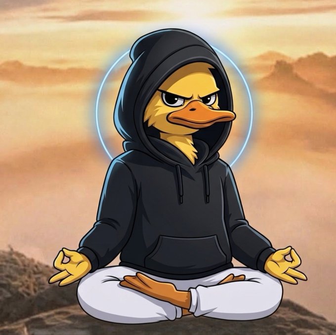 A digital illustration of a yellow duck with an angry expression wearing a black hoodie, sitting cross-legged in a meditative pose against a cloudy sky background with a glowing halo.