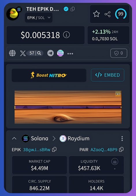 A DexScreener page for TEH EPIK D... token (EPIK/SOL pair) showing a price of $0.005318, market cap of $4.49M, and 14.4K holders on Solana/Raydium.