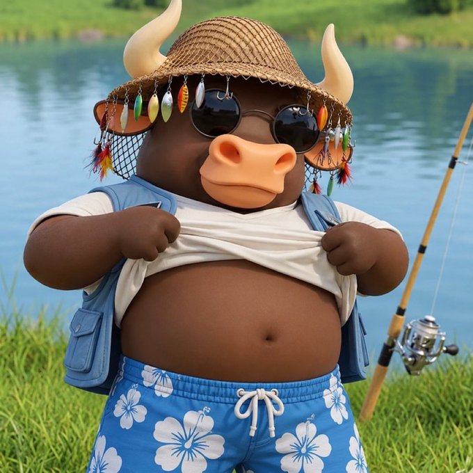 AI-generated image of an anthropomorphic bull wearing a straw hat with fish lures, round sunglasses, a blue vest, and floral swim shorts, lifting its shirt by a lake while holding a fishing rod.