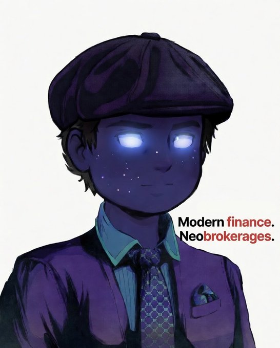 An anime-style illustration of a boy wearing a dark flat cap and a checkered tie, with glowing white starry eyes, advertising 'Modern finance. Neobrokerages.'