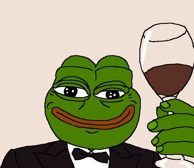 A Pepe the Frog character dressed in a tuxedo raises a glass of red wine in a sophisticated toast, fitting the celebratory tone of a daily memecoin recap highlighting massive gains like "$boner" going from $8M to $80M.