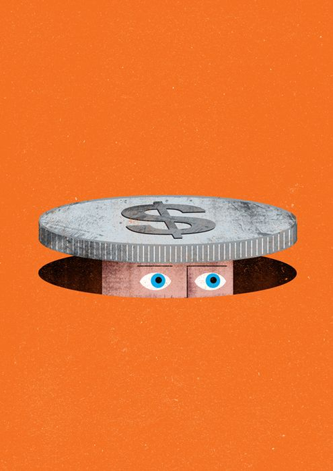 A surrealist collage illustration on an orange textured background, featuring a large coin with a dollar sign hovering above two blocks that have blue eyes peering out from a shadow.