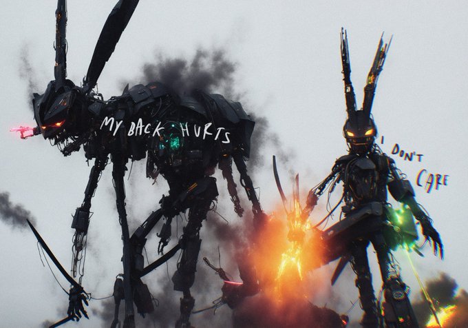 Digital artwork featuring two dark robotic figures with the text 'My back hurts' and 'I don't care' overlaid on the image.