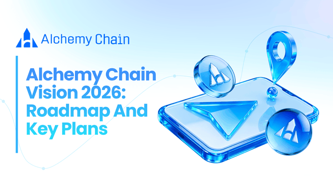 The image features a blue and white banner with text that reads "Alchemy Chain Vision 2026: Roadmap And Key Plans" written in black letters against a light blue background. The banner also includes three blue glass balls, two of which are placed on top of each other while the third one is positioned below them. These balls appear to be floating or hovering above the banner, adding an interesting visual element to the overall design.