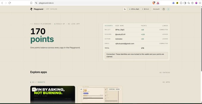 A screenshot of the Playground by Rialo app catalog webpage displaying "170 points" alongside a table showing accounts, user names, points (+25 each for @praty_, @emaby3149, and bik5d6e), a total of 170, and a confirmation that identities are locked to the wallet with points claimed—directly illustrating the user's post about claiming their early Discord and GitHub activity points for RialoHQ.