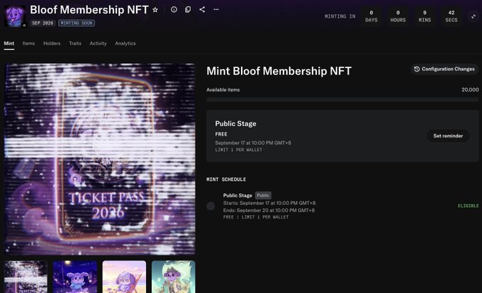 A countdown timer on the Bloof Membership NFT minting page shows 0 days, 0 hours, 9 minutes, and 42 seconds remaining until the September 2026 mint begins, with 20,000 available items and a "Public Stage" free mint limited to 1 per wallet, complementing the post's call to action to mint BLOOF's OG NFT on the Arc mainnet before time runs out.