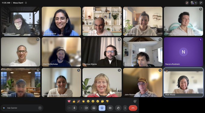 A Google Meet video conference screenshot labeled '11:05 AM | Mesa Start!' showing a grid of 15 participants from various locations with blurred and unblurred faces.
