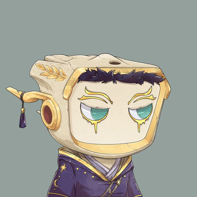 A digital illustration of a character with a rectangular, block-like head featuring teal eyes with yellow tears, wearing an ornate purple outfit with gold details.
