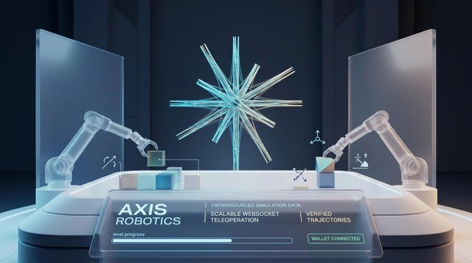 A digital interface titled 'AXIS ROBOTICS' displays features like 'CROWDSOURCED SIMULATION DATA', 'SCALABLE WEBSOCKET TELEOPERATION', and 'VERIFIED TRAJECTORIES' alongside robotic arms and a holographic starburst, with 'WALLET CONNECTED' shown.