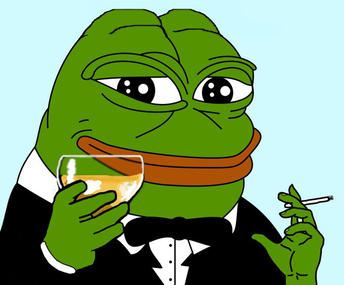 Pepe the Frog, dressed in a tuxedo, holds a snifter of brandy in one hand and a cigarette in the other with a smug, refined expression—perfectly matching the post's message of casually sipping through the crypto dip while scooping up more $BTC, $ETH, and $PEPE.