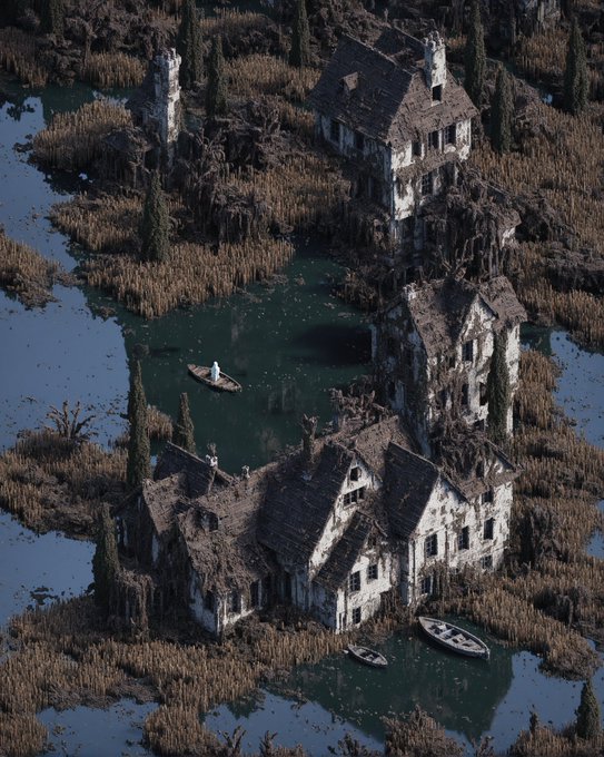 A surreal 3D artwork depicting a cluster of dilapidated, overgrown European-style houses and a tower surrounded by a marshy landscape with small boats floating in the green water.