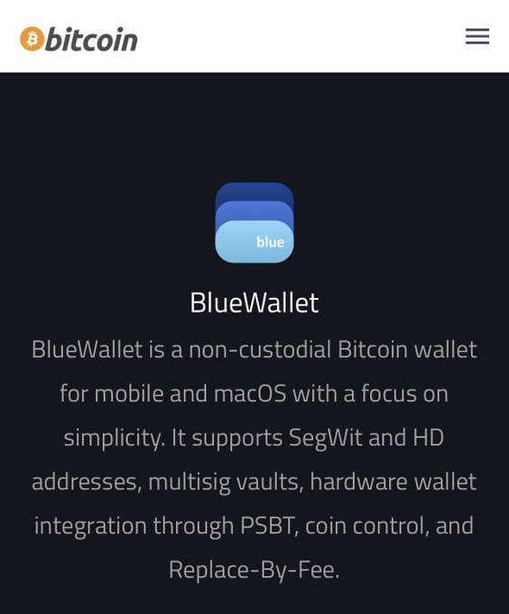 The image shows BlueWallet's official listing page on bitcoin.org, featuring its blue wallet logo and a description noting it is a "non-custodial Bitcoin wallet for mobile and macOS with a focus on simplicity" that supports SegWit, HD addresses, multisig vaults, and hardware wallet integration. This visually confirms the post's announcement that BlueWallet has been successfully listed on bitcoin.org as a recommended wallet option.