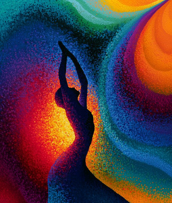 A vibrant, pointillist-style silhouette of a dancer with raised arms is set against swirling waves of red, orange, blue, and green.