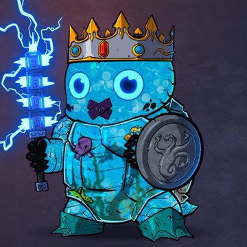 A crowned, armored blue turtle character wields a lightning-charged sword and a shield emblazoned with a serpent emblem, fitting the "King Waturt" giveaway tied to the JungleVerseW3 x TimelessTurts "Tuskies" NFT launch on August 28 with WL 79ℏ / Public 99ℏ and 777 supply in Drop 1.