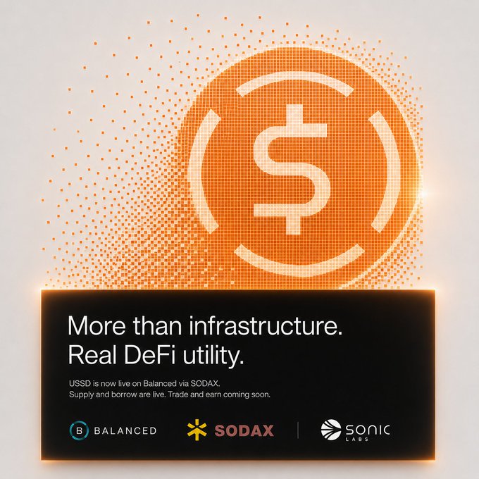 A promotional graphic for Sonic Labs featuring a large orange dollar sign coin and the text 'More than infrastructure. Real DeFi utility.' announcing USSD live on Balanced via SODAX, with logos for Balanced, SODAX, and Sonic Labs.