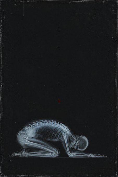A dark, stylized image featuring an X-ray view of a human skeleton kneeling on the ground, with red crosshairs lined up above it.