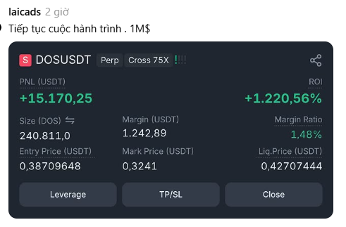 A screenshot of a trading platform shows a profitable position on DOSUSDT Perp with 75X cross leverage, gaining +15,170.25 USDT and a +1,220.56% ROI. The post is by user 'laicads'.
