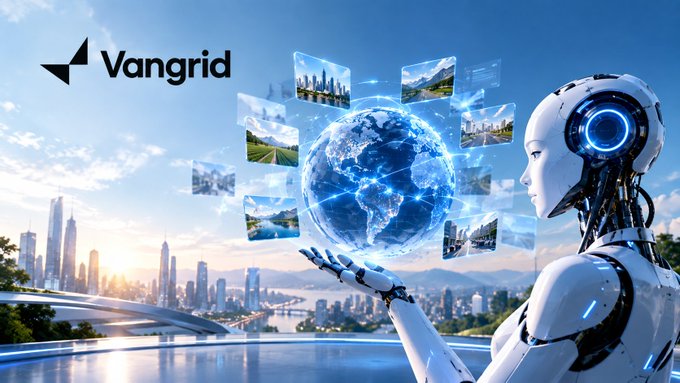 A futuristic humanoid robot cradles a glowing digital Earth surrounded by floating landscape images, with the "Vangrid" logo displayed in the top left corner, visually symbolizing the company's achievement of 1M+ spatial data captures on Base and the growing challenge of ensuring data freshness at scale.