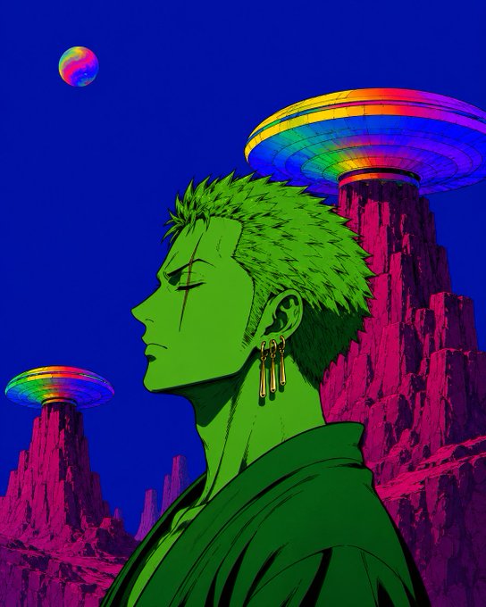A vibrant anime-style illustration of a green-skinned character with spiky green hair and ear piercings in profile, set against a dark blue sky with rainbow-colored UFOs and magenta rocky landscapes.