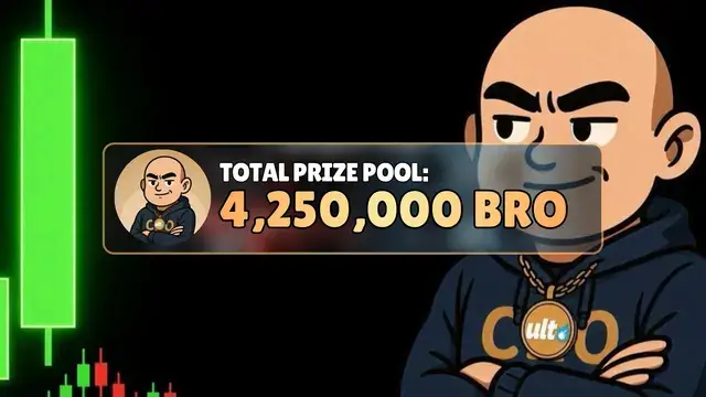 A promotional crypto graphic displays a cartoon bald character wearing a hoodie with a 'Cult of C' logo, set against a green candlestick chart background, with a banner reading 'TOTAL PRIZE POOL: 4,250,000 BRO'.