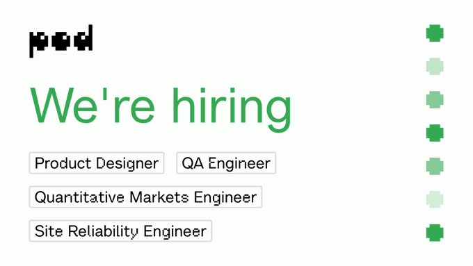 An image showing a "We're hiring" announcement from what appears to be the company "pad," featuring tags for open positions including Product Designer, QA Engineer, Quantitative Markets Engineer, and Site Reliability Engineer. The post playfully illustrates this with an ASCII art figure, presenting the same four job openings as a recruitment announcement.