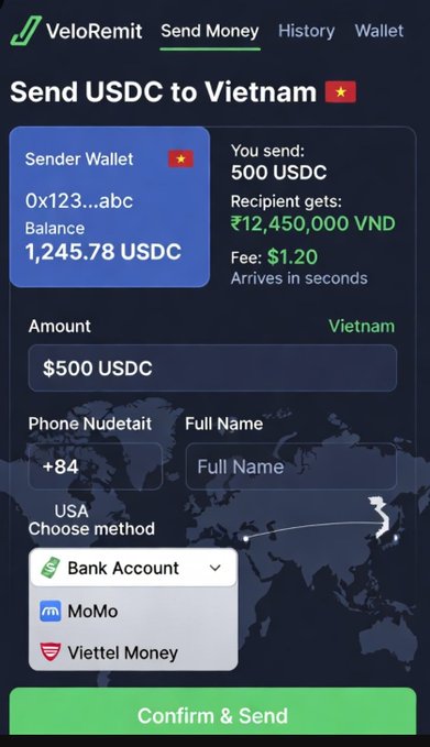 The image shows a screen displaying information about sending money through an app called veloRemit, which allows users to send USDC (United States Dollar) to Vietnam. The app provides details of the transaction, including the amount sent, the recipient's name, and the fees involved. It also offers options for depositing USDC into a bank account or using a mobile wallet. The screen shows that the transfer has been confirmed and is ready to be sent.