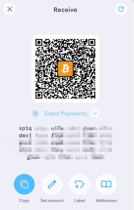 A Bitcoin receive screen displaying a QR code, a Silent Payments address starting with 'sp1q...dwyi' (partially blurred), and buttons for Copy, Set amount, Label, and Addresses.
