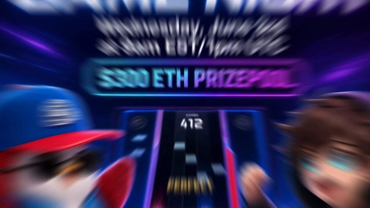 The image features two people playing a video game, with one person wearing a red hat and sunglasses while the other wears a blue hat and glasses. The background of the image shows a neon sign that says "60Ethereum Prize Pool" and has numbers on it. There is also text in the image that reads "@Nova GamingGuild", which suggests this might be an event related to gaming or a competition involving cryptocurrency.