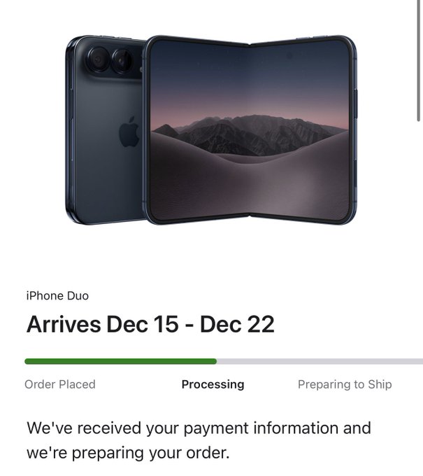 An order confirmation screen showing an 'iPhone Duo' arriving Dec 15 - Dec 22, currently in the 'Processing' stage.