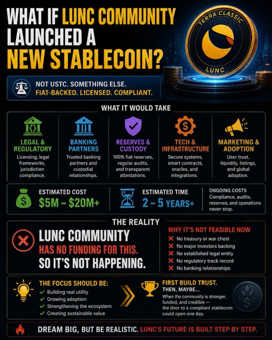 An infographic titled 'WHAT IF LUNC COMMUNITY LAUNCHED A NEW STABLECOIN?' detailing costs ($5M-$20M+), timeline (2-5 years+), and feasibility challenges for Terra Classic.