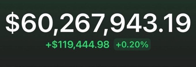 A digital display shows the number '$60,267,943.19' with green text below reading '+$119,444.98' and '+0.20%'.