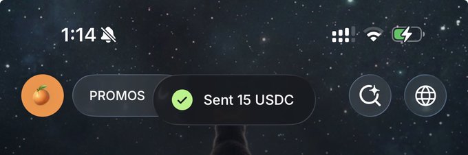 A smartphone notification screen displaying a successful transaction of 'Sent 15 USDC' with a green checkmark next to the 'PROMOS' app icon.
