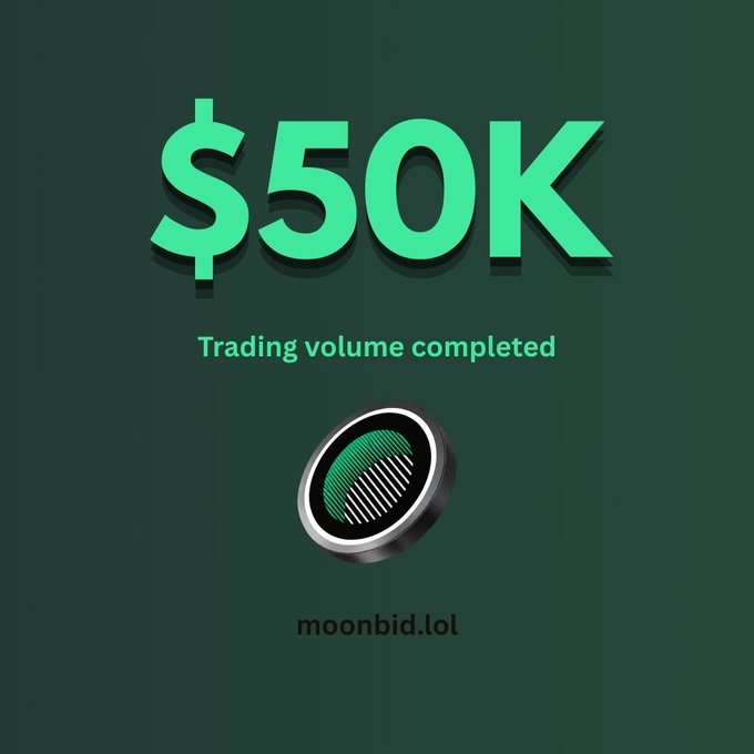 A dark green graphic displaying "$50K Trading volume completed" in bold mint-green text above a circular coin emblem and the URL "moonbid.lol," promoting the $moonbid token's trading milestone on pump.fun.